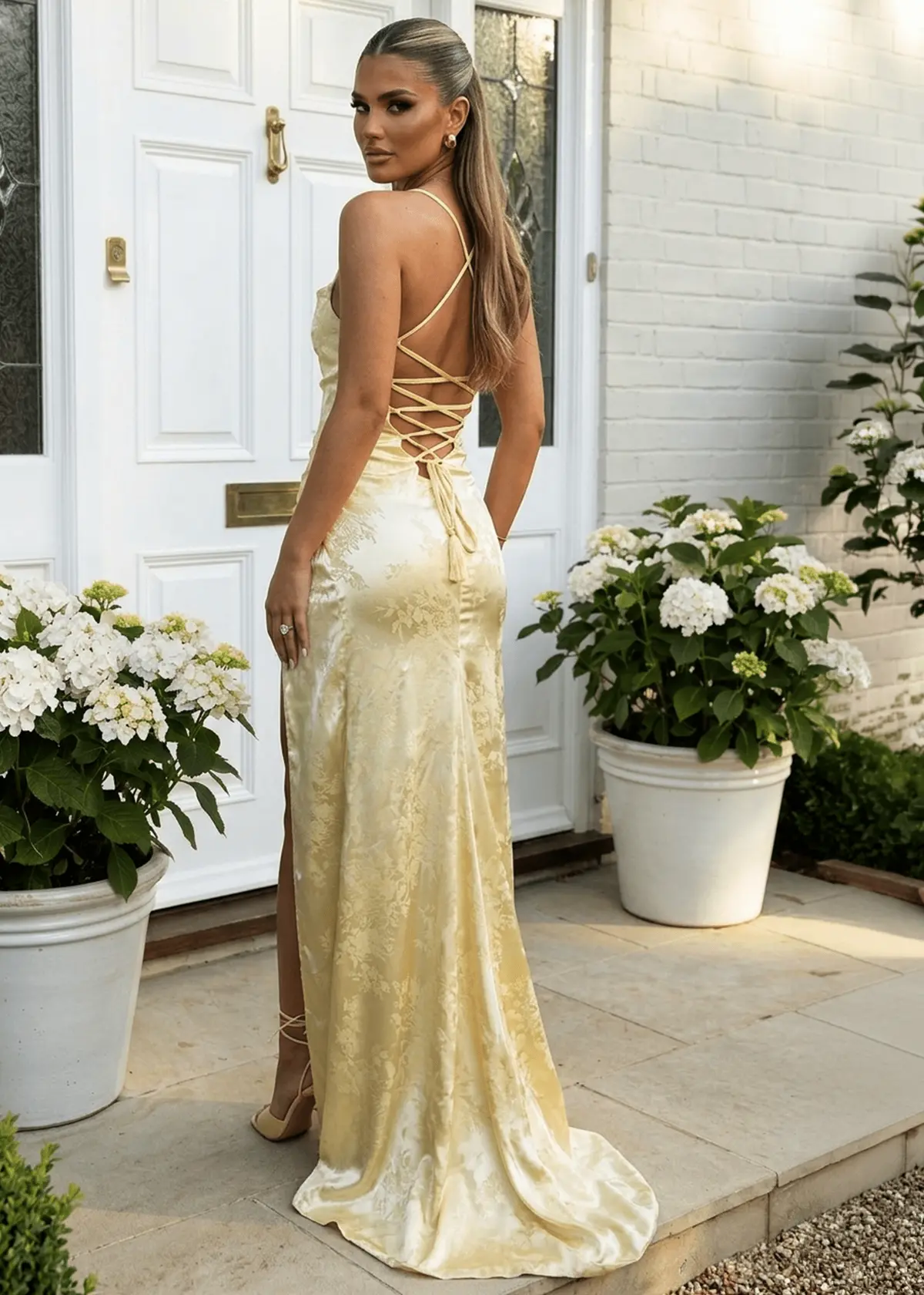 Worth Waiting For Cross Back Gown - Jacquard Yellow 1